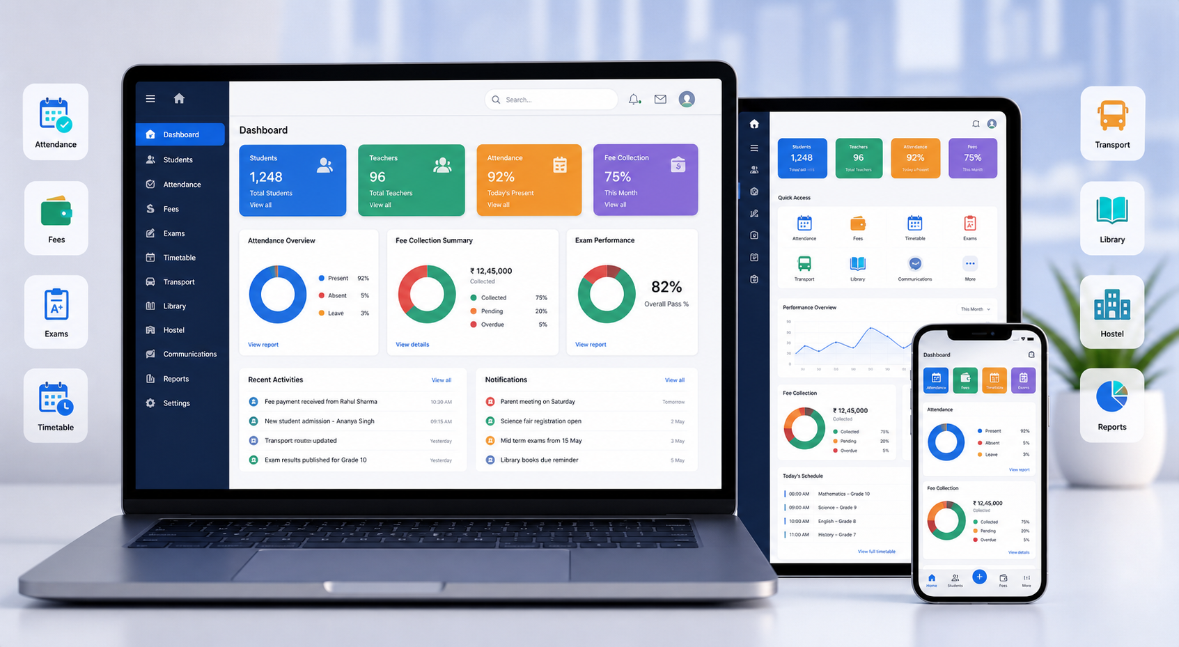 School ERP dashboard shown on laptop, tablet and mobile devices